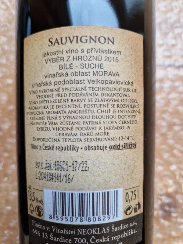 Sauvignon, výběr z hroznů, bílé, suché, Neoklas Šardice, 0,75 l (holá láhev) - Image 2