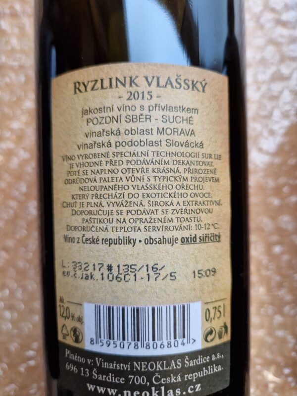 Ryzlink Vlašský, pozdní sběr, bílé, suché, Neoklas Šardice, 0,75 l (holá láhev) - Image 2